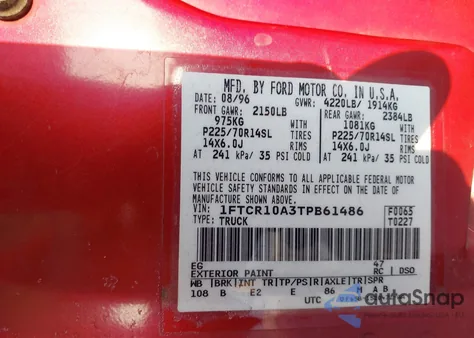 1996 Ford Ranger z USA, uszkodzony, nr VIN 1FTCR10A3TPB61486